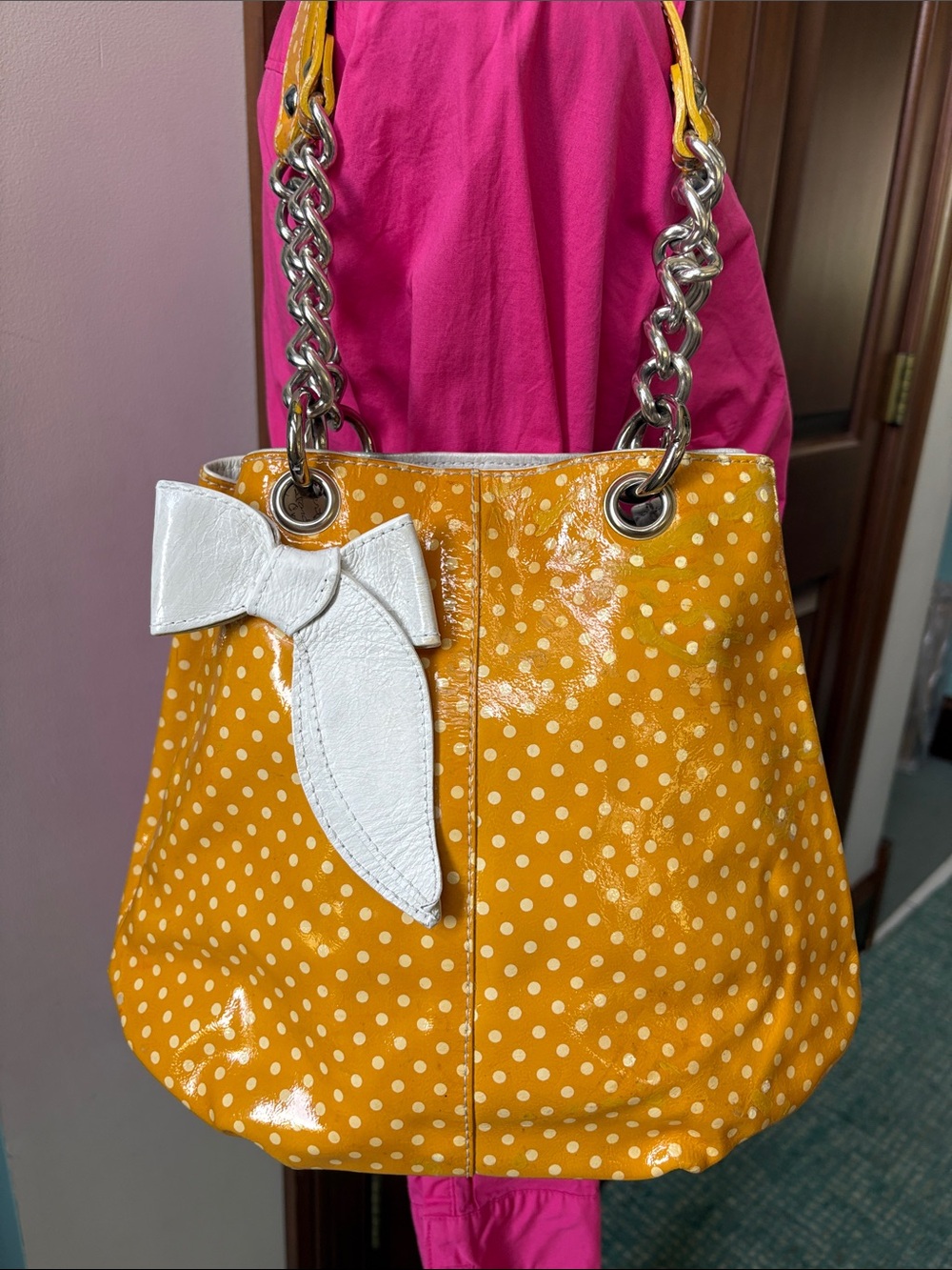 Roberta Gandolfi  shoulder bag
Mustard/cream polkadots white bow chain straps